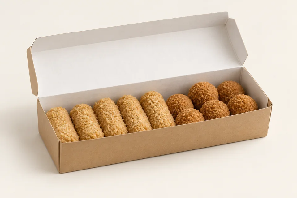 Open kartonnen snackdoos met kroketten en bitterballen